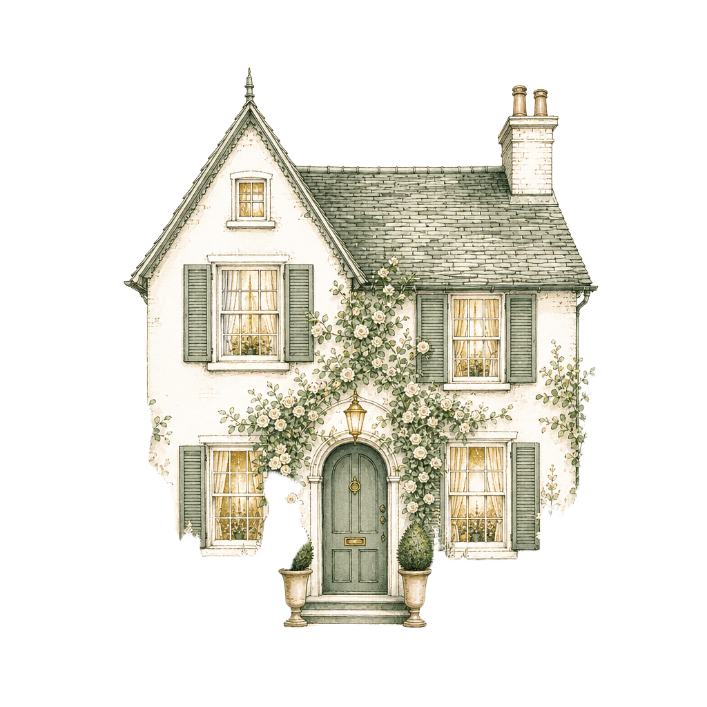 Illustrated English cottage with climbing roses